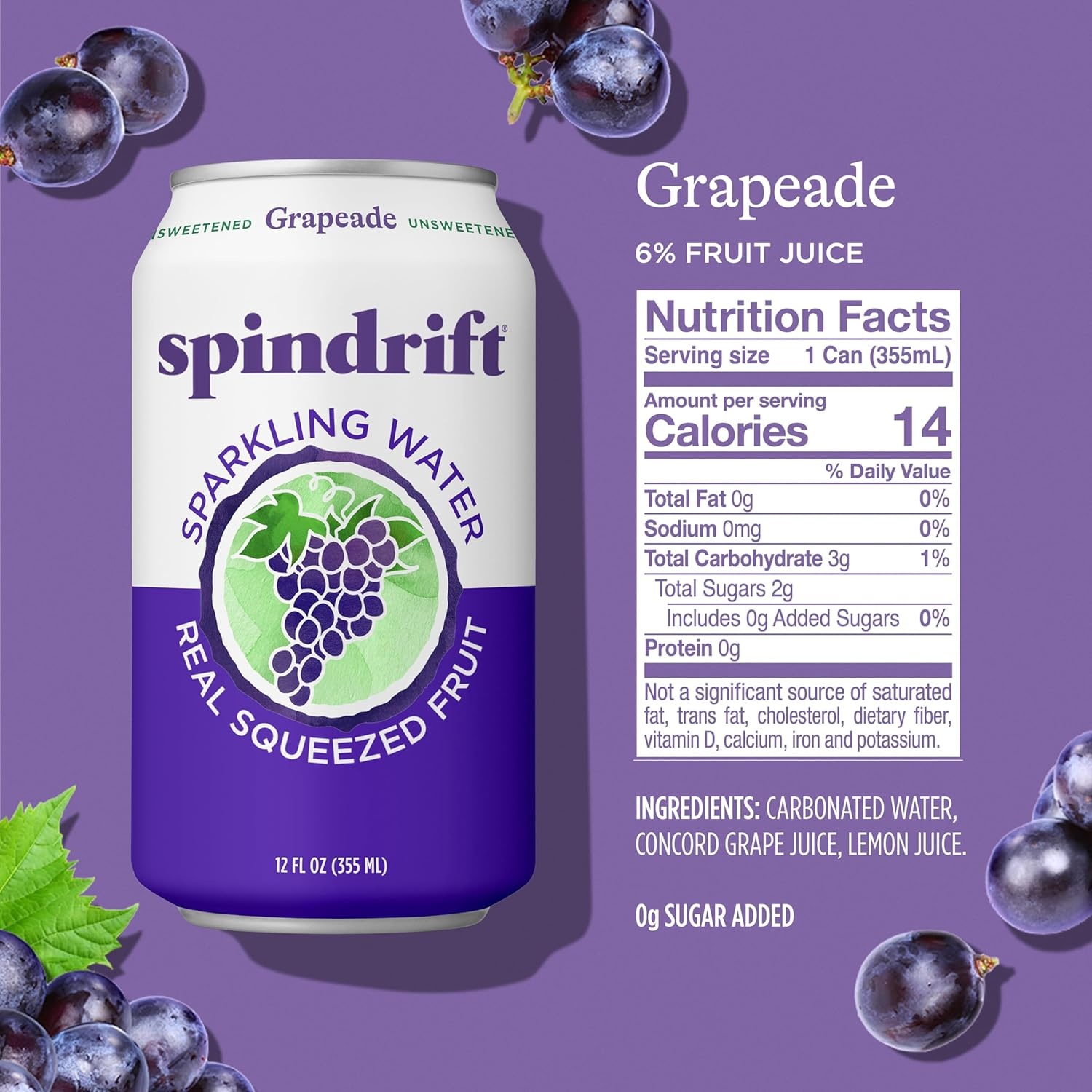 image:imageSpindrift Sparkling Water Blueberry Lemonade Flavored Made with Real Squeezed Fruit 12 Fl Oz Cans Pack of 24 Only 11 Calories per CanGrapeade